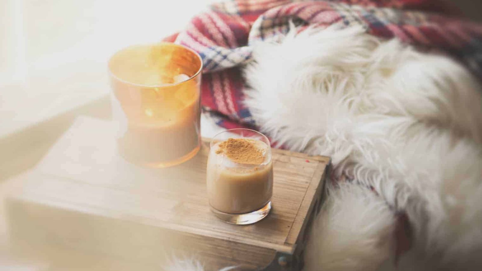 Two glasses of iced coffee with milk and cinnamon sit on a wooden surface near a white fuzzy blanket and plaid fabric.