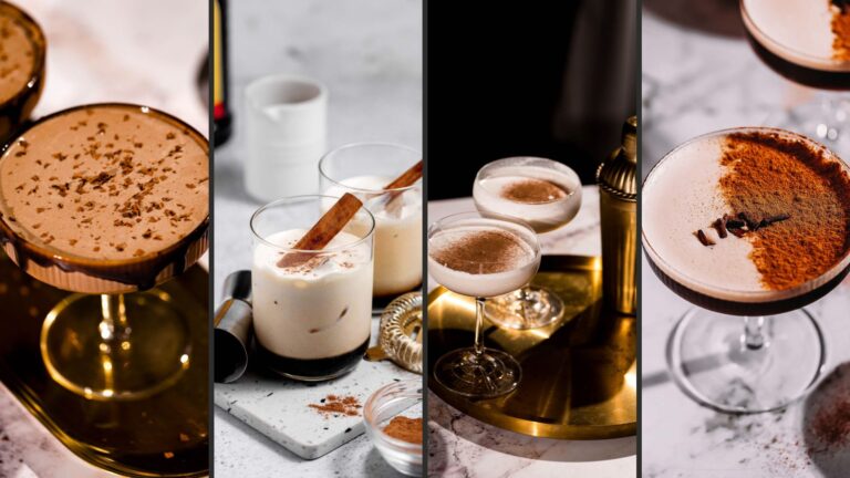 The display includes two creamy drinks with cinnamon sticks, two frothy cocktails in coupe glasses, and a coffee-based drink garnished with powder.