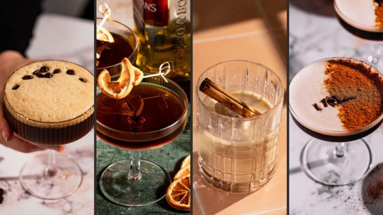 Four caffeinated cocktails, including a foam-topped drink, two with dried orange garnishes, one with cinnamon sticks, and a creamy cocoa-powdered option, are perfect for keeping you awake and vibrant during NYE celebrations.