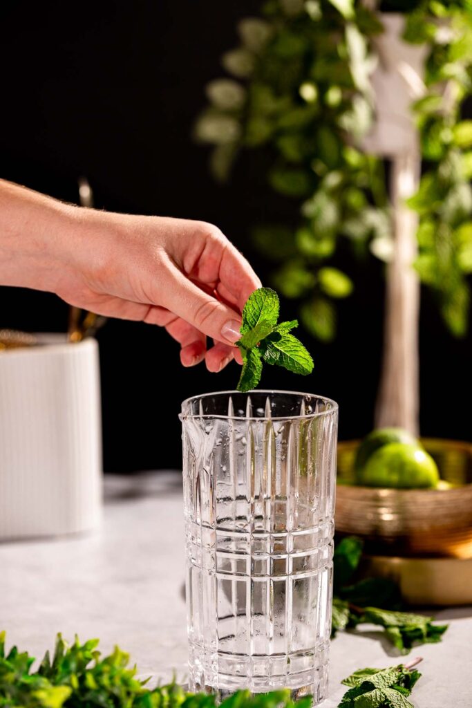 Mint leaves are being placed in a tall, empty glass on a countertop with surrounding green foliage and a bowl of limes in the background.
