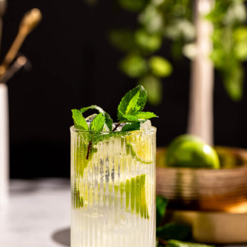A mint mojito drink sits on a white surface, with green foliage and a bowl holding a lime in the blurred background.