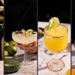Four colorful Cinco de Mayo cocktails—one with a chili rim, a margarita with lime, a yellow lime-garnished drink, and a red cocktail with orange slices—are displayed side by side.