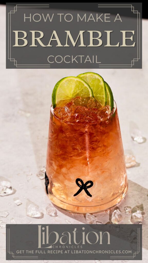 A Bramble cocktail with lime and lemon slices sits on marble with ice, alongside text for a Libation Chronicles recipe.