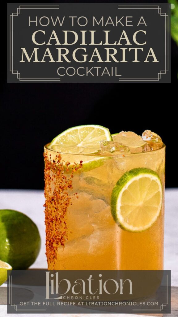 Cadillac Margarita in a glass with lime slices and chili rim, whole lime and wedges beside it; cocktail recipe text overlay.