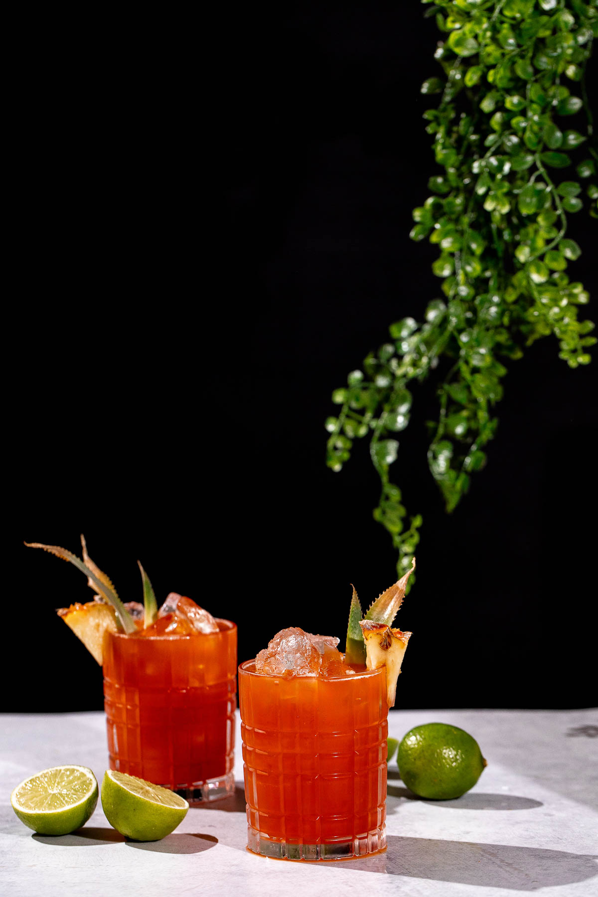 Two Jungle Bird cocktails with ice and pineapple garnish sit on a light surface with limes, beneath a hanging green plant against a black background.