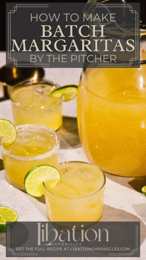 Three margarita glasses and a pitcher with lime garnishes and salt rims, plus text on making batch margaritas.
