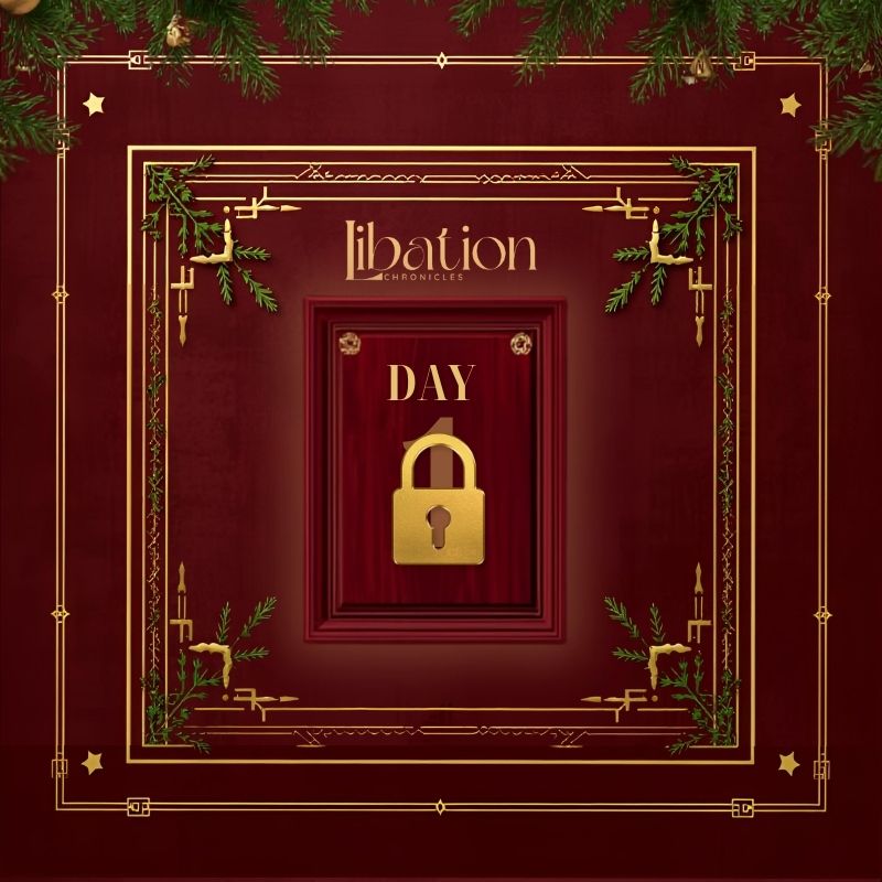 On a maroon background with gold borders, "libation chronicles DAY" and a padlock appear above pine branches in the corners.