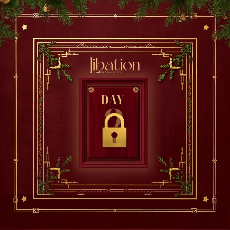 A maroon and gold frame with "Libation Chronicles Day," a gold padlock, and greenery hints at the Bartender's Vault.