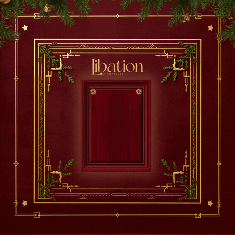 Burgundy square frame with gold borders, &ldquo;libation&rdquo; at the top, and pine branches decorating the edges.