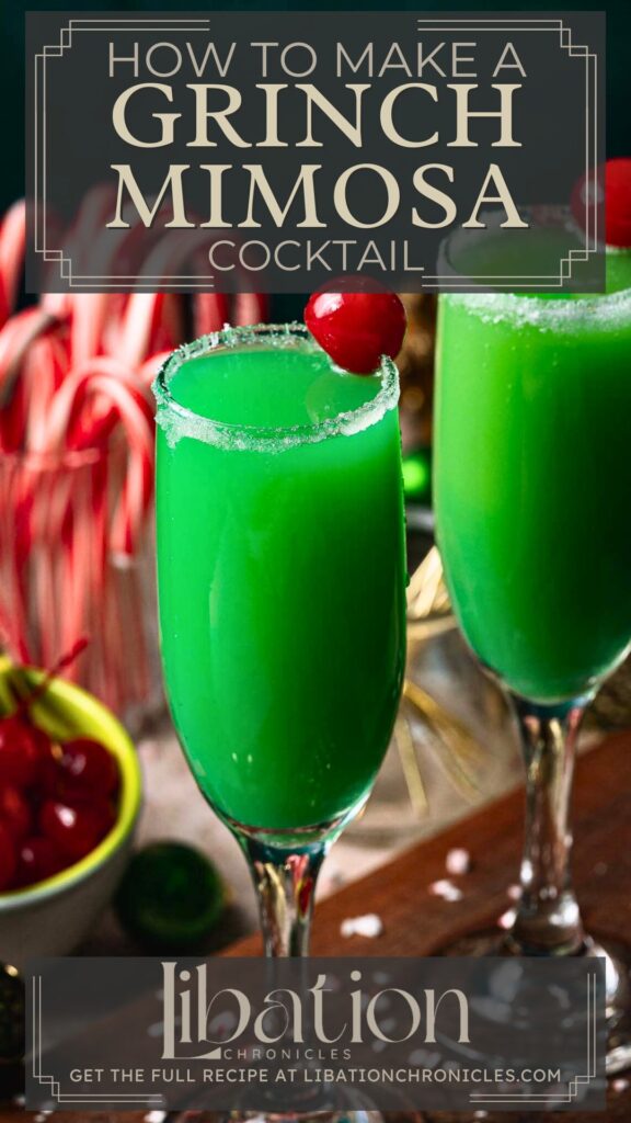 Two green Grinch Mimosas in sugared-rim champagne glasses with cherries, with candy canes and extra cherries behind them.