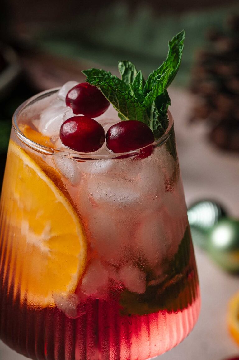 A glass containing ice, a Holiday Hugo Spritz, orange slice, cranberries, and mint leaves.